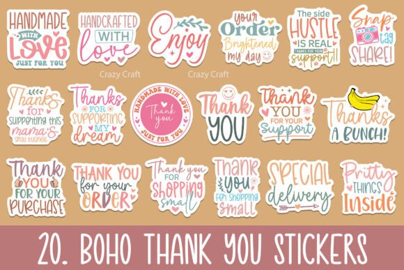 Boho Thank You Stickers PNG Bundle: Graphics & Crafts