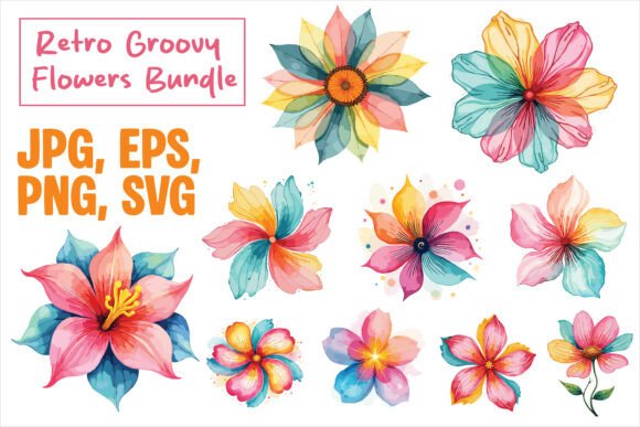 Retro Groovy Flowers Bundle Graphics and Crafts